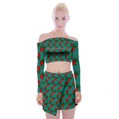 Red Roses Teal Green Off Shoulder Top With Mini Skirt Set by snowwhitegirl