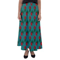 Red Roses Teal Green Flared Maxi Skirt