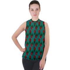 Red Roses Teal Green Mock Neck Chiffon Sleeveless Top by snowwhitegirl