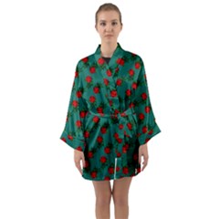 Red Roses Teal Green Long Sleeve Satin Kimono