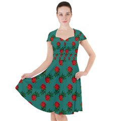 Red Roses Teal Green Cap Sleeve Midi Dress