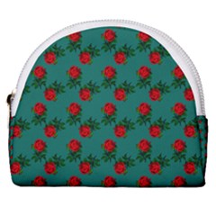 Red Roses Teal Green Horseshoe Style Canvas Pouch