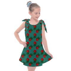 Red Roses Teal Green Kids  Tie Up Tunic Dress