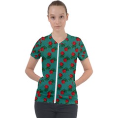 Red Roses Teal Green Short Sleeve Zip Up Jacket by snowwhitegirl