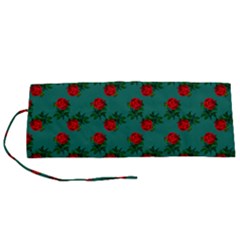 Red Roses Teal Green Roll Up Canvas Pencil Holder (s)