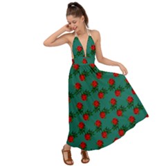 Red Roses Teal Green Backless Maxi Beach Dress