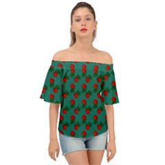 Red Roses Teal Green Off Shoulder Short Sleeve Top