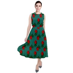 Red Roses Teal Green Round Neck Boho Dress