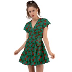 Red Roses Teal Green Flutter Sleeve Wrap Dress