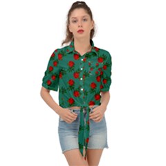 Red Roses Teal Green Tie Front Shirt  by snowwhitegirl