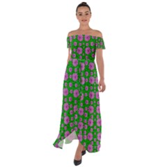 Bloom In Peace And Love Off Shoulder Open Front Chiffon Dress by pepitasart