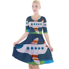 Plane Aircraft Flight Quarter Sleeve A-line Dress by Simbadda