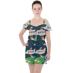 Plane Aircraft Flight Ruffle Cut Out Chiffon Playsuit by Simbadda