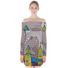 Kids Drawing Children Artwork Art Long Sleeve Off Shoulder Dress by Simbadda