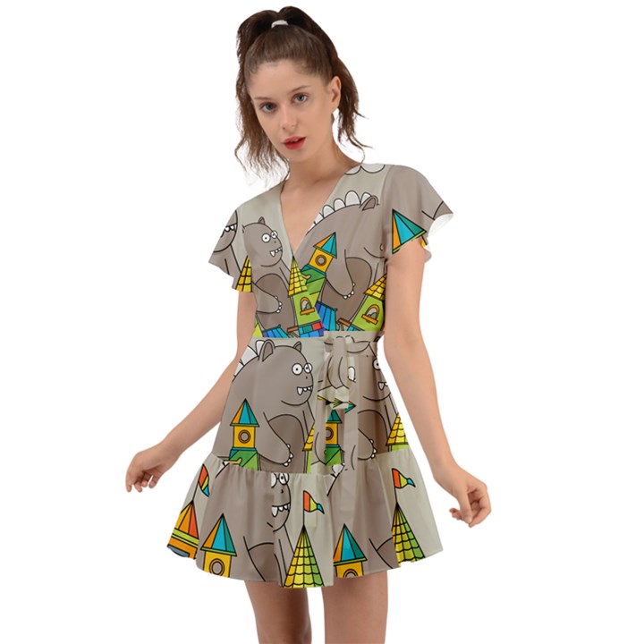 Kids Drawing Children Artwork Art Flutter Sleeve Wrap Dress