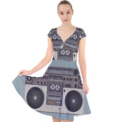 Radio Cassette Speaker Sound Audio Cap Sleeve Front Wrap Midi Dress by Simbadda