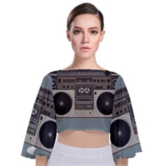 Radio Cassette Speaker Sound Audio Tie Back Butterfly Sleeve Chiffon Top by Simbadda