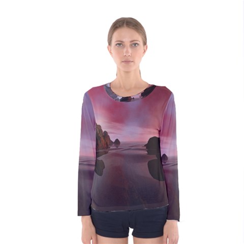 Rocks Sky Landscape Sea Wave Women s Long Sleeve Tee by Simbadda