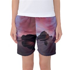 Rocks Sky Landscape Sea Wave Women s Basketball Shorts by Simbadda