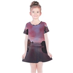 Rocks Sky Landscape Sea Wave Kids  Simple Cotton Dress by Simbadda