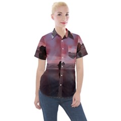 Rocks Sky Landscape Sea Wave Women s Short Sleeve Pocket Shirt