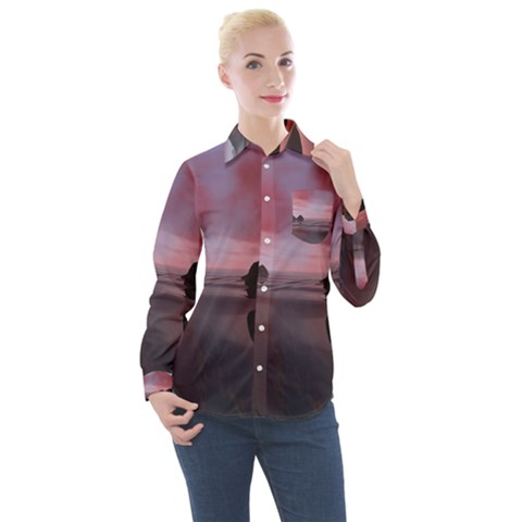 Rocks Sky Landscape Sea Wave Women s Long Sleeve Pocket Shirt by Simbadda