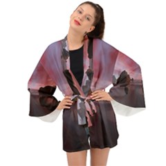 Rocks Sky Landscape Sea Wave Long Sleeve Kimono by Simbadda