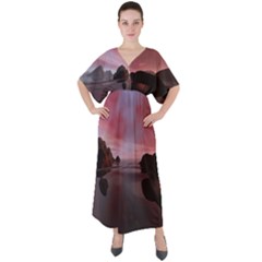 Rocks Sky Landscape Sea Wave V-neck Boho Style Maxi Dress