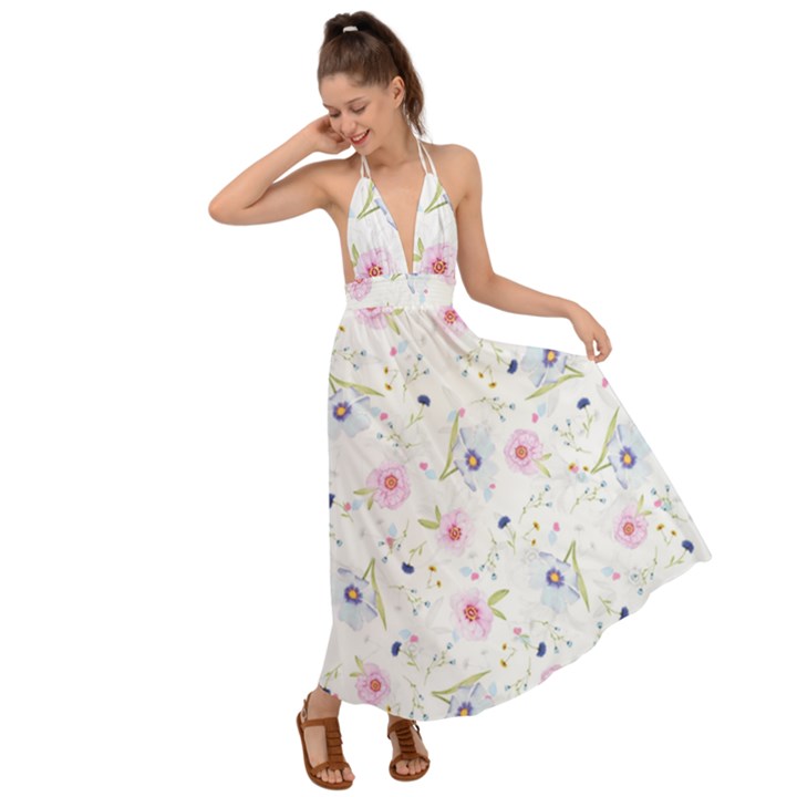 Floral Pattern Background Backless Maxi Beach Dress