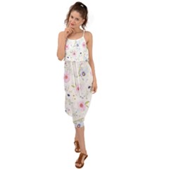 Floral Pattern Background Waist Tie Cover Up Chiffon Dress