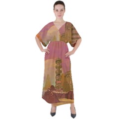 Planet Rocks City Base Fiction V-neck Boho Style Maxi Dress