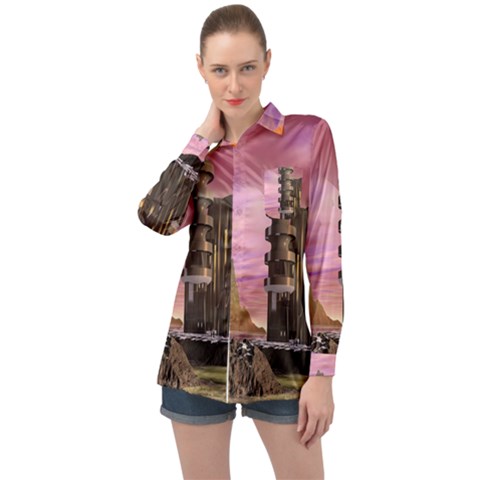 Planet Rocks City Base Fiction Long Sleeve Satin Shirt by Simbadda