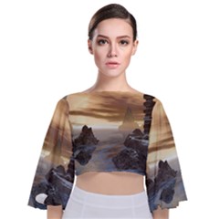 Planet Moon Rocks City Fiction Tie Back Butterfly Sleeve Chiffon Top by Simbadda