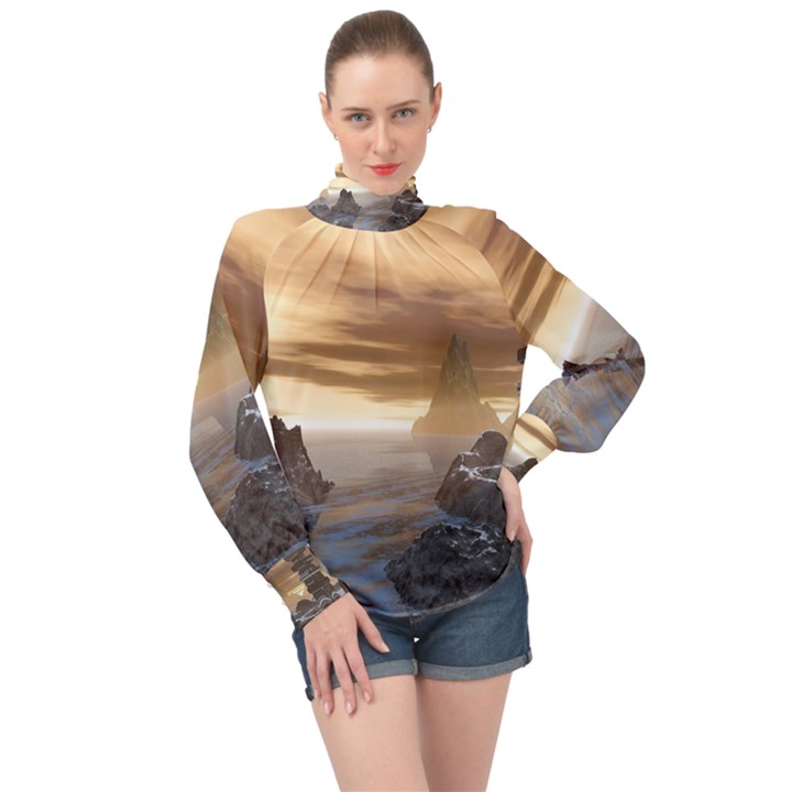 Planet Moon Rocks City Fiction High Neck Long Sleeve Chiffon Top