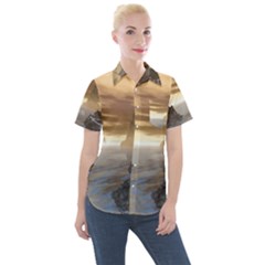 Planet Moon Rocks City Fiction Women s Short Sleeve Pocket Shirt