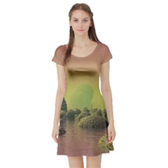 Planet Water Sea Landscape Space Short Sleeve Skater Dress by Simbadda