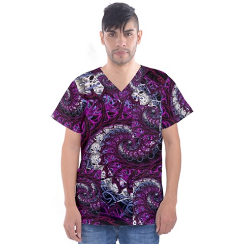 Fractal Background Swirl Art Skull Men s V-neck Scrub Top by Simbadda