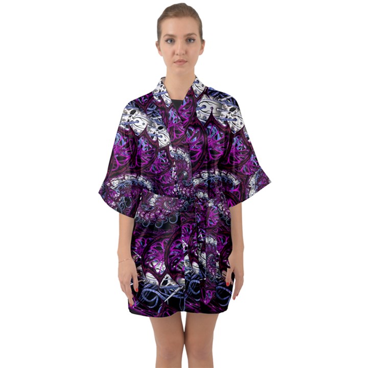 Fractal Background Swirl Art Skull Half Sleeve Satin Kimono 