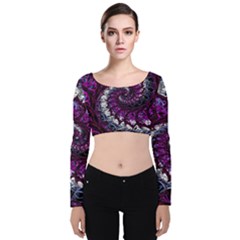 Fractal Background Swirl Art Skull Velvet Long Sleeve Crop Top by Simbadda