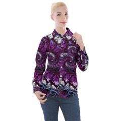 Fractal Background Swirl Art Skull Women s Long Sleeve Pocket Shirt