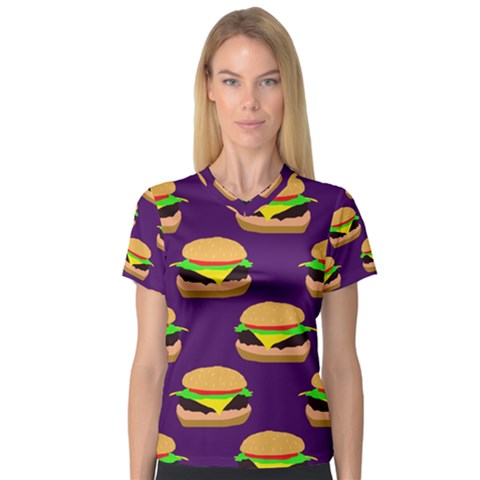 Burger Pattern V-neck Sport Mesh Tee by bloomingvinedesign