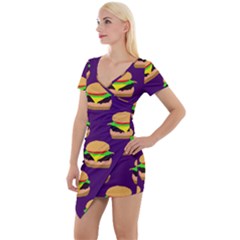 Burger Pattern Short Sleeve Asymmetric Mini Dress by bloomingvinedesign