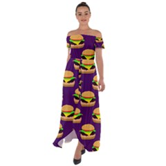 Burger Pattern Off Shoulder Open Front Chiffon Dress