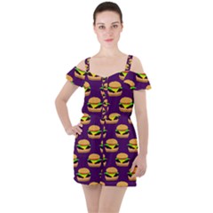 Burger Pattern Ruffle Cut Out Chiffon Playsuit by bloomingvinedesign