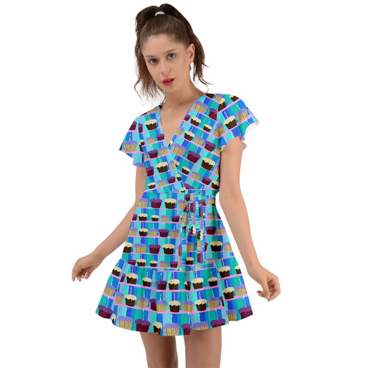 Cupcakes Pattern Flutter Sleeve Wrap Dress