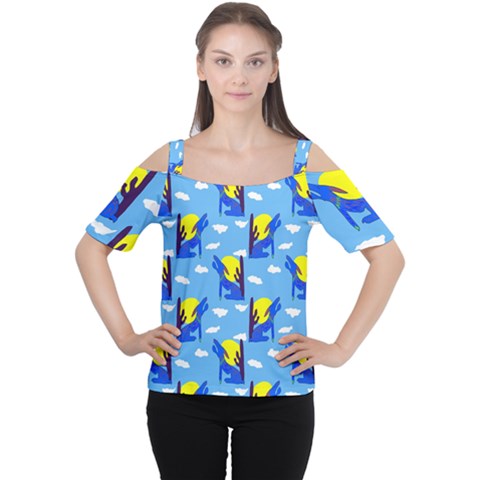 Blue Coyote Pattern Cutout Shoulder Tee by bloomingvinedesign