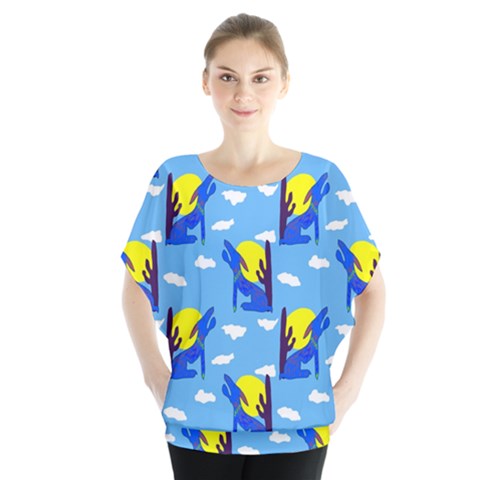 Blue Coyote Pattern Batwing Chiffon Blouse by bloomingvinedesign