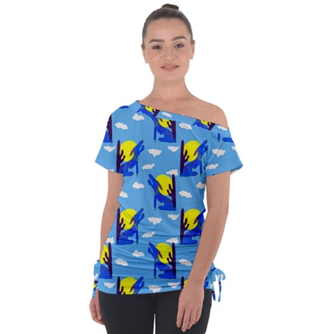 Blue Coyote Pattern Tie-up Tee by bloomingvinedesign