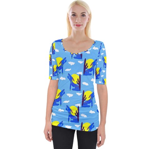 Blue Coyote Pattern Wide Neckline Tee by bloomingvinedesign