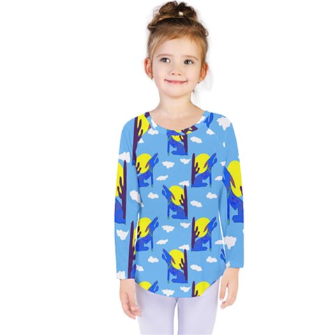 Blue Coyote Pattern Kids  Long Sleeve Tee by bloomingvinedesign